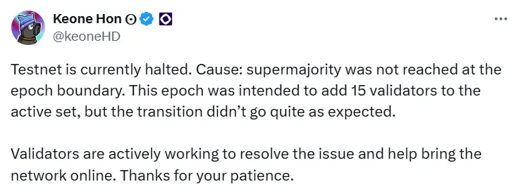 Monad 联创：Monad 测试网目前已暂停运行，正努力解决该问题