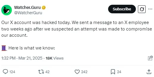 Watcher.Guru：目前无法确认黑客入侵的方式，已联系 X 平台
