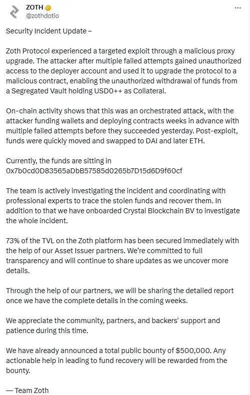 Zothが盗難更新を発表：価値のある手がかりに対して50万ドルの公開報奨金を設立