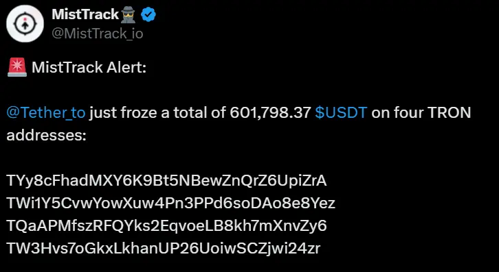 Tetherは4つのTRONアドレスで合計60万枚以上のUSDTを凍結しました。