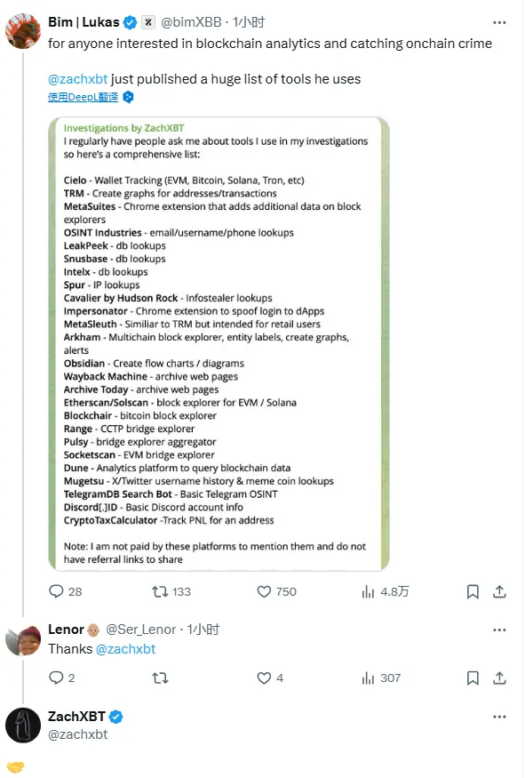 ZachXBT 公布常用调查工具，并澄清未从相关平台获得报酬