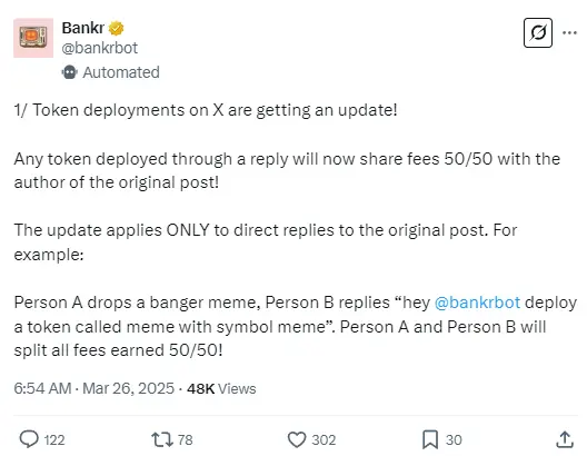 Bankr：X 平台上通过回复部署的代币，其费用将与原帖作者以 50/50 的比例分享