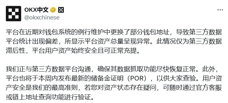 OKX：近期对钱包系统维护后更换部分地址，导致第三方平台上数据出现偏差