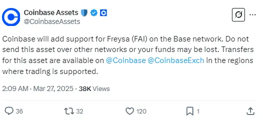 Coinbase 將上線 Freysa(FAI)交易