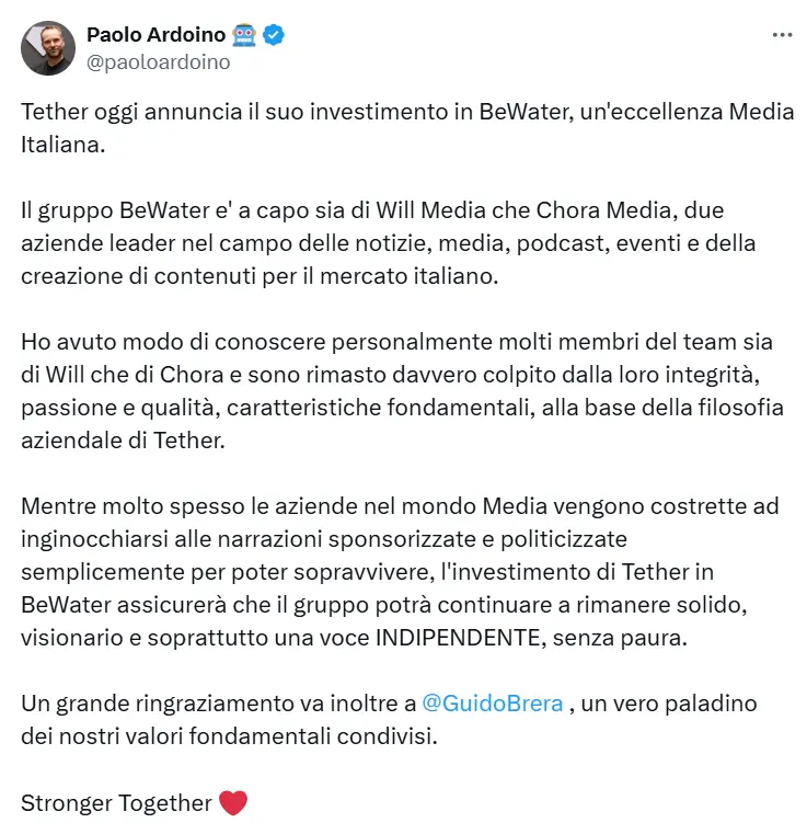 テザーがイタリアのメディアBeWaterに投資することを発表しました。