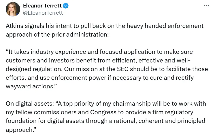 미국 SEC 후보 의장: 취임 후 첫 번째 임무는 동료 및 의회와 협력하여 디지털 자산에 대한 견고한 규제 기반을 제공하는 것입니다