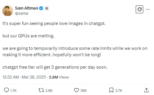 OpenAIの創設者：GPUが過負荷のため、ChatGPTの画像生成機能に一時的に速度制限を追加します。