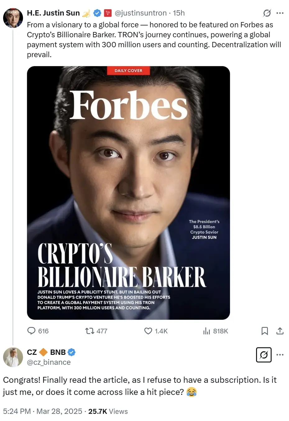 Zhao Changpeng commented on Sun Yuchen's appearance on the cover of Forbes: This looks more like a critical article