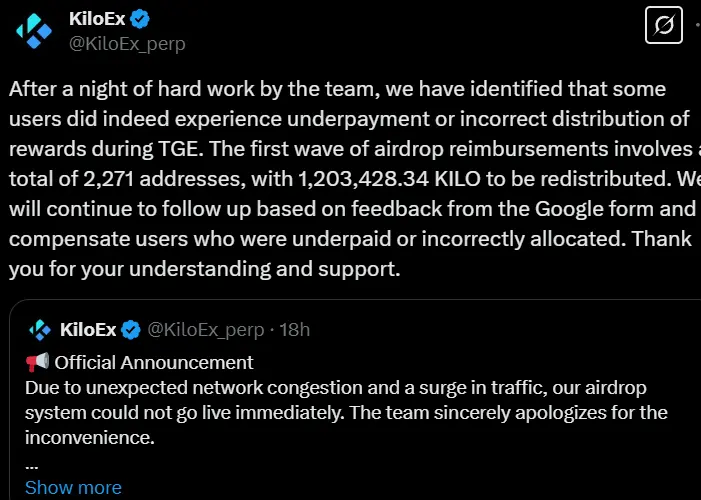 KiloEx: Compensation will be provided for some users who experienced insufficient reward distribution or incorrect allocation during the TGE period