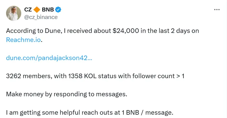 赵長鵬：過去二日間にReachMeを通じて約2.4万ドルの相談料を受け取った。