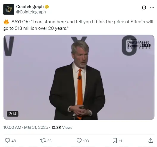 マイケル・セイラー：BTCの価格は20年以内に1300万ドルに達すると予想しています。