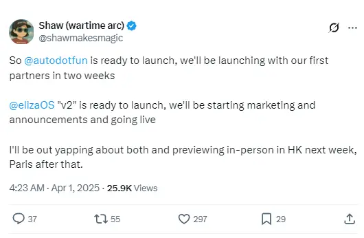 ai16z 창립자: Eliza v2와 Launchpad 플랫폼 auto.fun이 곧 출시됩니다