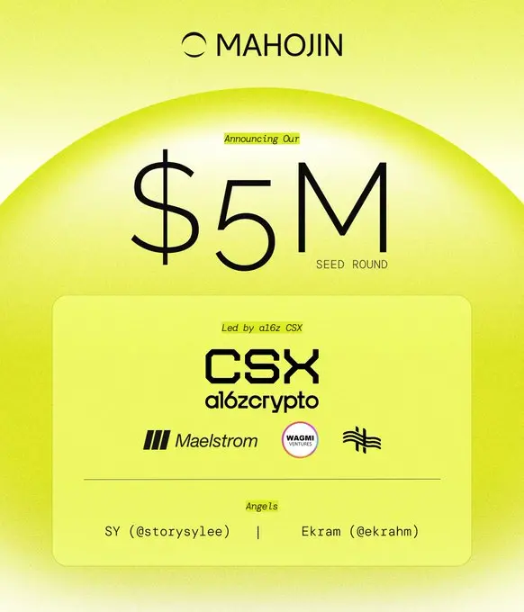 AIインフラストラクチャプラットフォームMahojinが500万ドルの資金調達を完了、a16z CSXとMaelstromが共同でリード投資。