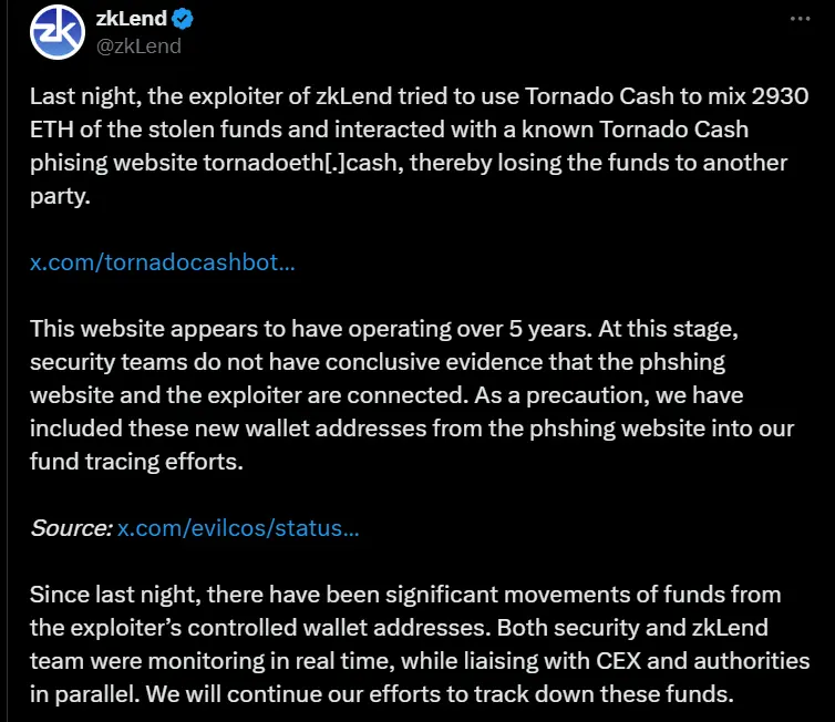 zkLend: Has included new wallet addresses from phishing websites in its fund tracking efforts