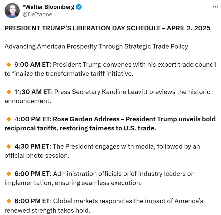 特朗普公布“解放日”行程：拟于北京时间 4 月 3 日凌晨 4 点宣布对等关税