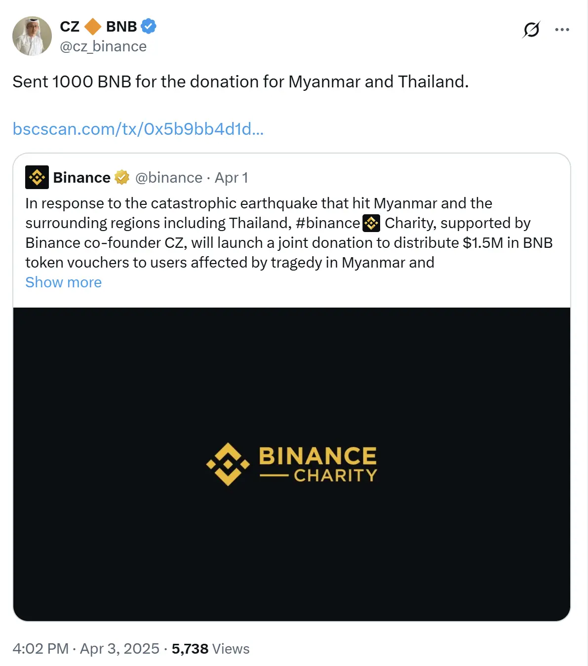 Zhao Changpeng: Has donated 1000 BNB to Myanmar and Thailand