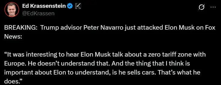 Trump advisor Peter Navarro publicly criticized Musk on Fox News
