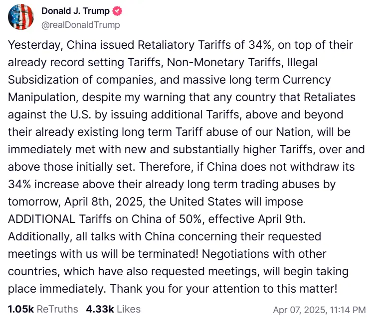 特朗普：若中国不取消 34% 加征关税，美国将从 4 月 9 日起对中国加征 50% 额外关税