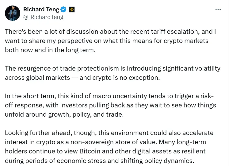币安 CEO：关税升级或加速加密货币作为非主权储值手段的发展