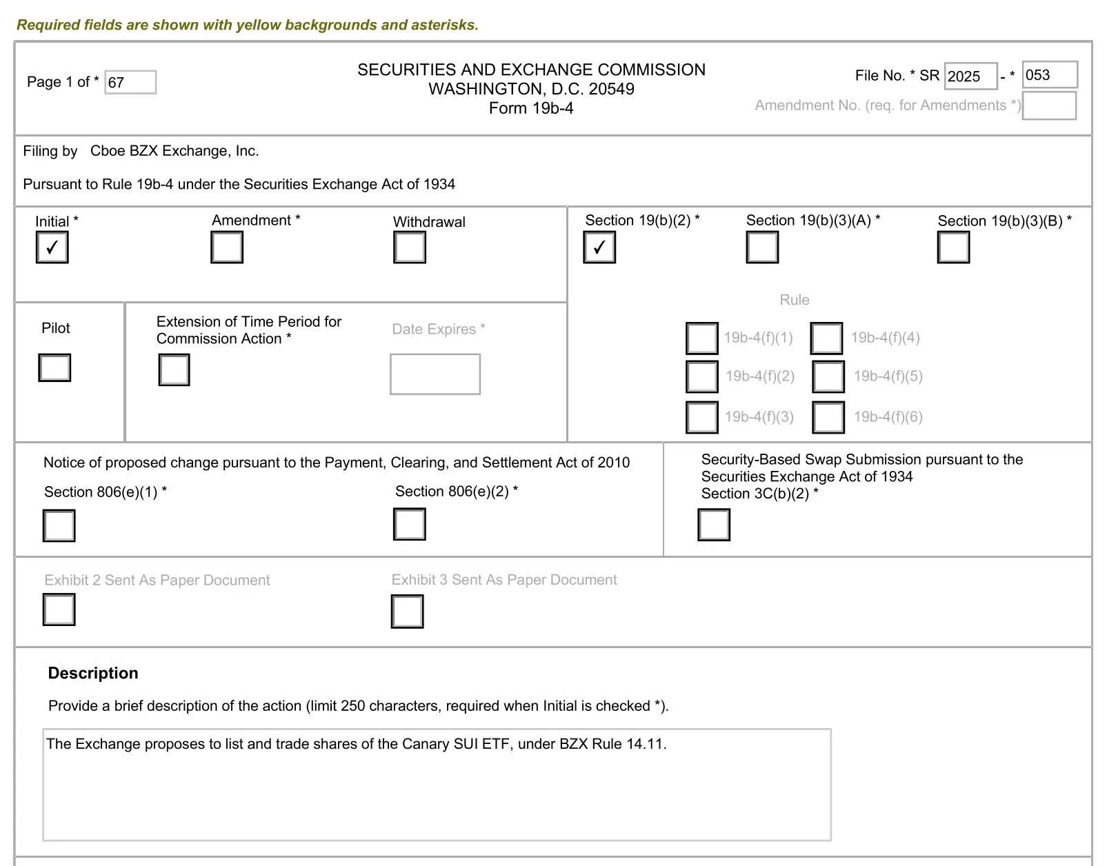 CBOE 为 Canary SUI ETF 向美 SEC 提交 19b-4 申请文件