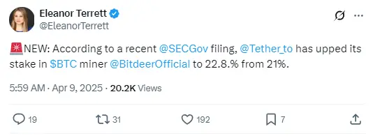 Tether Bitdeer 지분을 22.8%로 늘리다