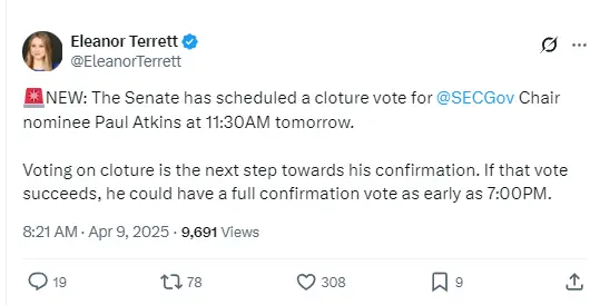 アメリカ合衆国上院は、SEC議長候補のポール・アトキンスに対する休会動議の投票を行う予定です。