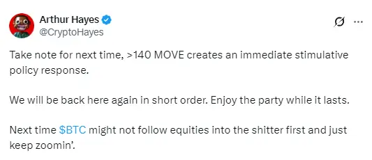 Arthur Hayes: The suspension of Trump's tariffs reaffirms the validity of the MOVE indicator, and the next BTC trend may differ from this one