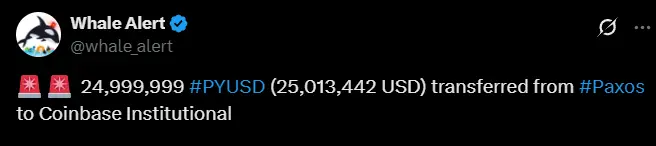 数据:Paxos 向 Coinbase Institutional 转移近 2500 万枚 PYUSD