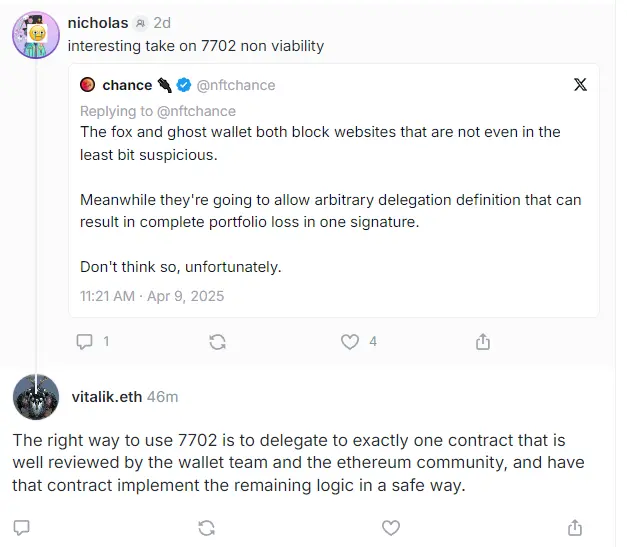 VitalikはEIP-7702の論争に応じて、セキュリティを確保するために審査された契約にのみ委託すべきだと述べました。