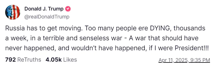 特朗普发文呼吁俄罗斯结束俄乌冲突