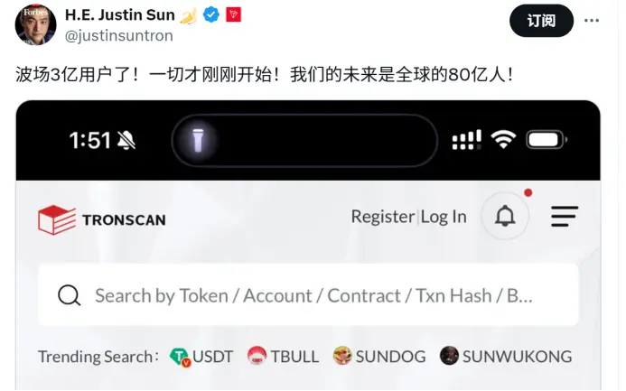波场 TRON 글로벌 계좌 수가 3억을 돌파하며 탈중앙화의 새로운 장을 열다