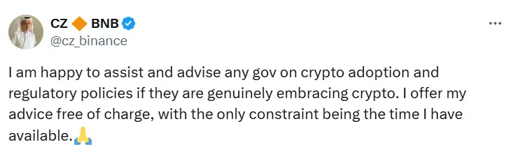 赵长鹏：若政府真心支持加密货币，乐意提供加密采用和监管政策建议