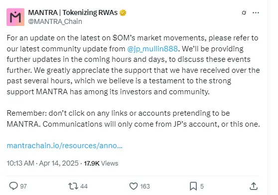 MANTRA：已确定 OM 市场波动由 CEX 对代币持有者强制关闭账户引发