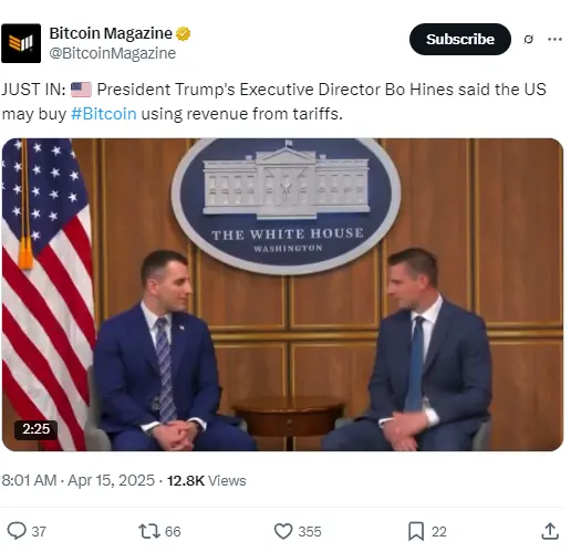 特朗普总统数字资产顾问：美国可能会利用关税收入购买 BTC