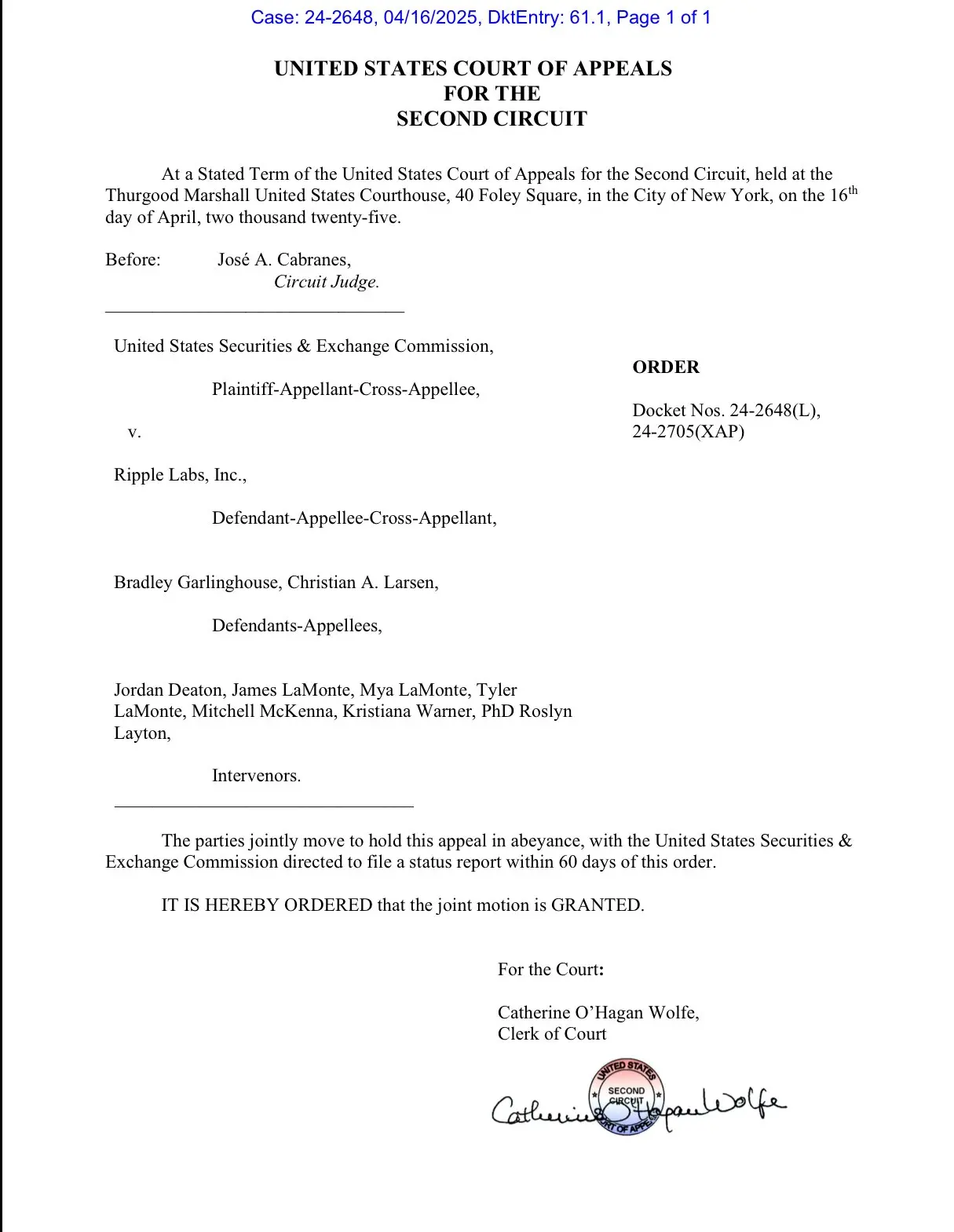 米国SECとRippleが提出した上訴の一時停止に関する共同動議が承認されました。