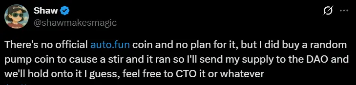 ai16z founder: The official auto.fun token has not been launched yet, and the purchased tokens are only for hype