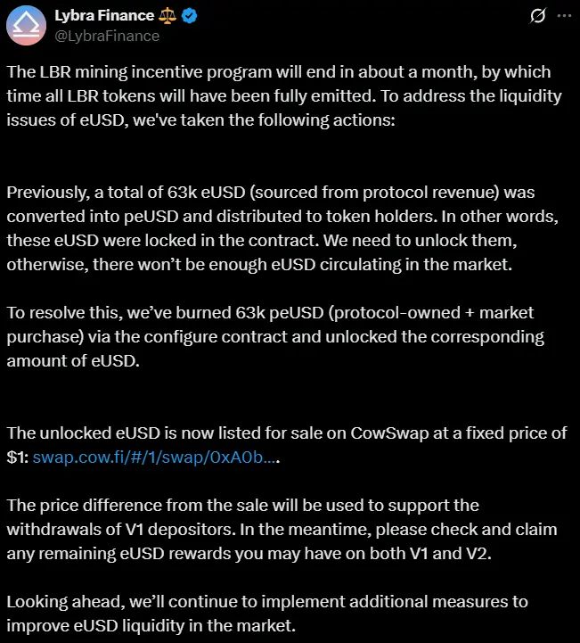 Lybra Finance: Destroyed 63,000 peUSD by configuring contracts and unlocked the corresponding amount of eUSD