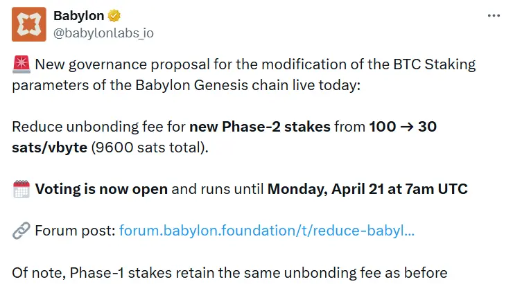 Babylon: The governance proposal to modify the withdrawal fee parameters for the second phase of staking has been officially launched