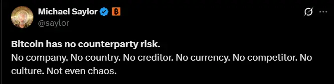 Strategy founder Michael Saylor emphasizes the zero counterparty risk of Bitcoin