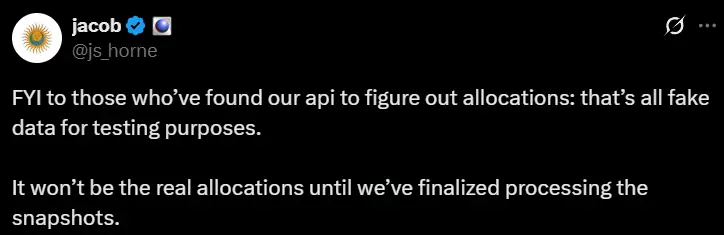 Zora 联创:API 显示空投分配数据仅为测试用,真实分配结果将在快照处理完成后公布