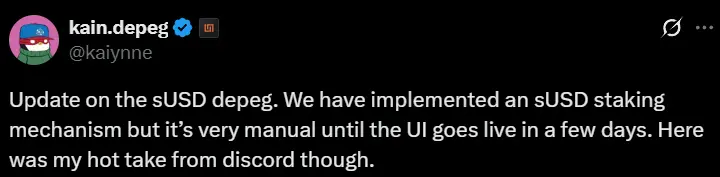 Synthetix founder updates on the progress of the sUSD depegging issue: sUSD staking mechanism has been implemented