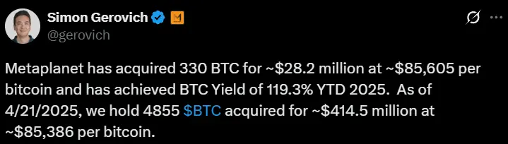 Metaplanet 再购入 330 枚 BTC,年初至今回报率达 119.3%