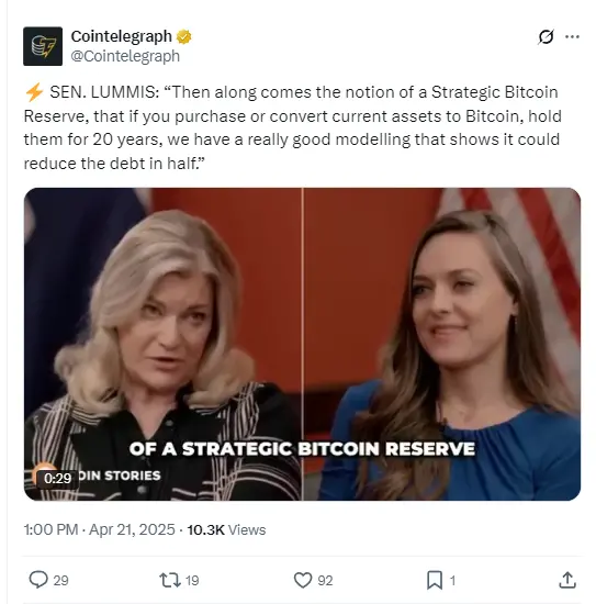 美参议员 Lummis：购买或将流动资产转换为 BTC 持有 20 年，债务将减少一半