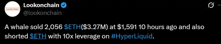 데이터: 고래가 HyperLiquid에서 ETH를 공매도하며, 현물로 2056개를 동시에 매도함
