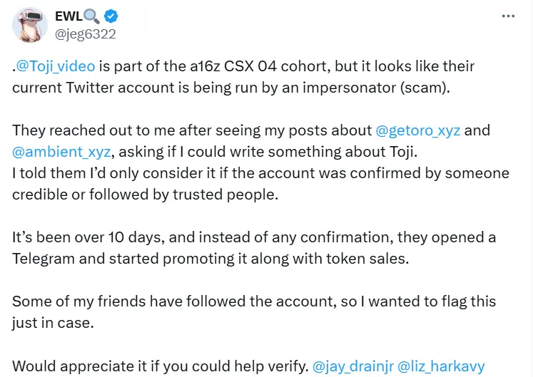 a16z CSX 04 큐 프로젝트 Toji의 X 계정 위조 계정, 검증 없이 토큰 판매 시작