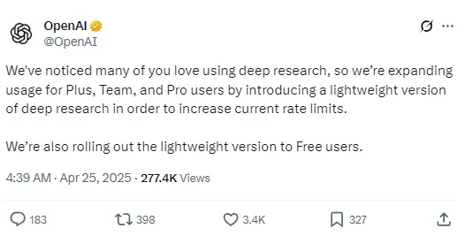 OpenAI has launched a lightweight version of its deep research, which is now available to some users