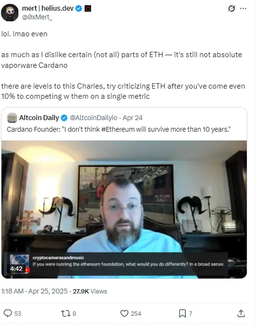 Helius CEO responds to Cardano founder's statement that "Ethereum won't survive 10 years": suggests achieving 10% competitiveness before criticizing