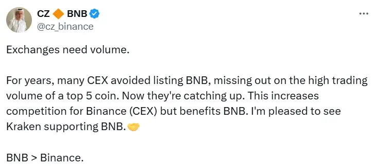 Zhao Changpeng: I am glad to see BNB listed on Kraken. The competition among CEXs is intensifying, but it is a positive for BNB