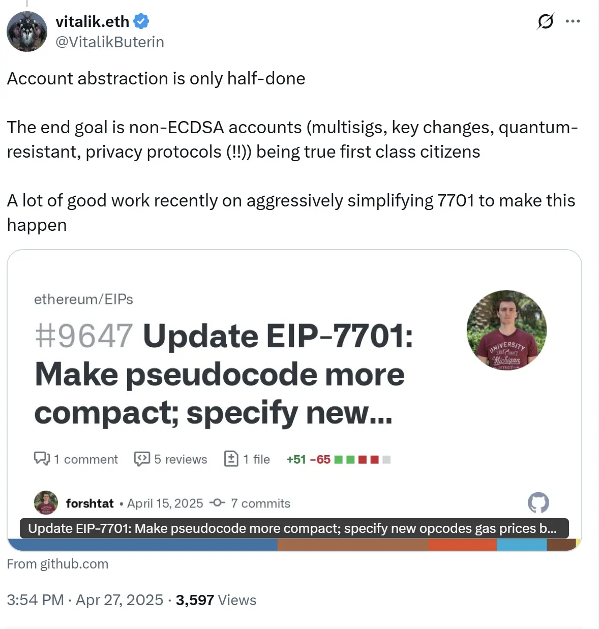 Vitalik：账户抽象化进程目前仅完成一半，最终目标是让非 ECDSA 账户成为主流账户类型