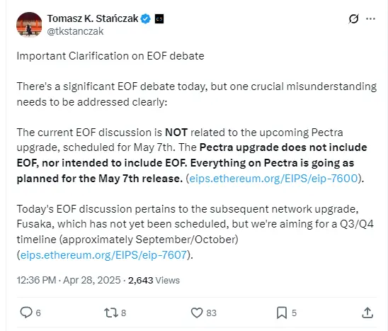 以太坊基金会执行董事澄清：Pectra 升级与存在争议的 EOF 无关，将按期于 5 月 7 日发布